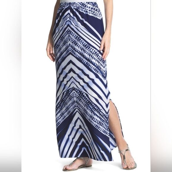 Chico's Chevron Stripe Maxi Skirt Size 0 Womens Blue White Art Print Side Slit - Picture 5 of 10